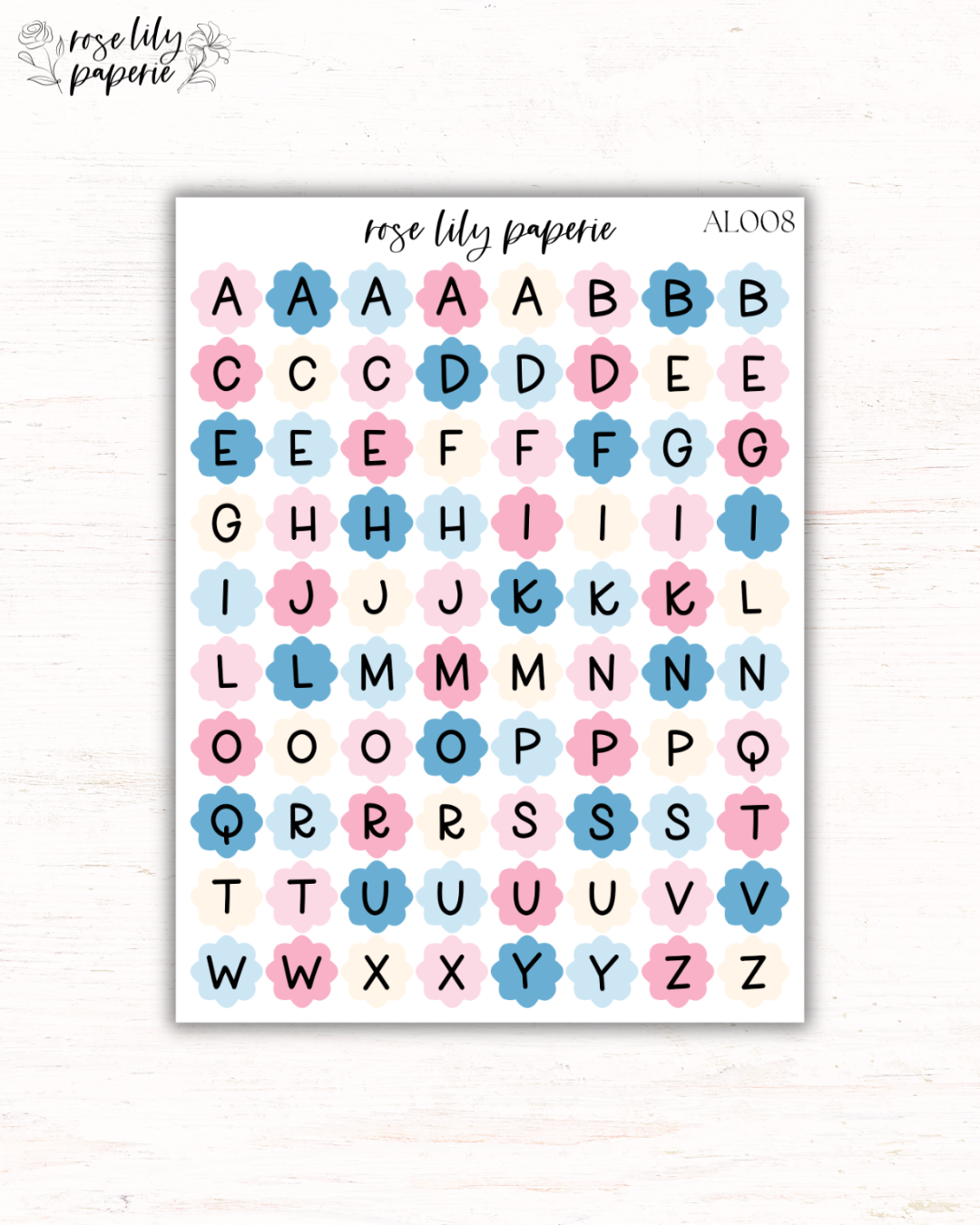 Blue Floral Alphabet Sticker Sheet